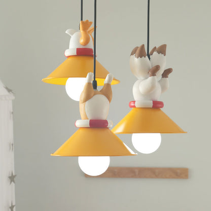 Metal Cone Multi Ceiling Light Cartoon 3 Bulbs Yellow Pendant Light Fixture with Animals Resin Deco Yellow Clearhalo 'Ceiling Lights' 'Pendant Lights' 'Pendants' Lighting' 809880_748eac88-385f-42b3-92ae-b449abc9cc67