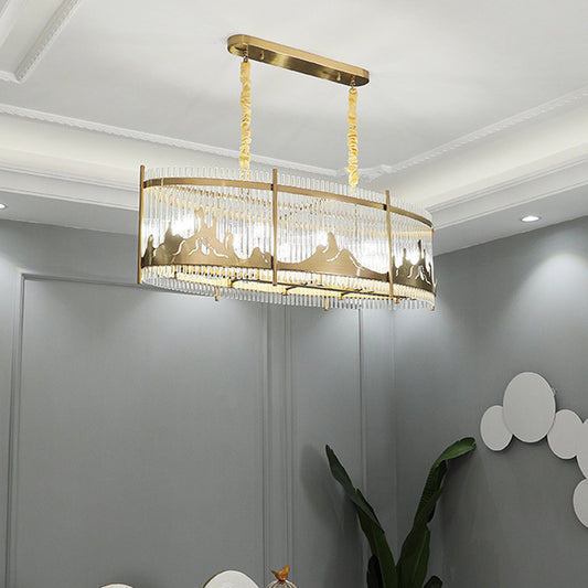 Oval Crystal Rod Island Lighting Modernism 8-Head Dining Room Pendant Lamp with Carved Mountain Pattern in Gold Clearhalo 'Ceiling Lights' 'Island Lights' Lighting' 810067