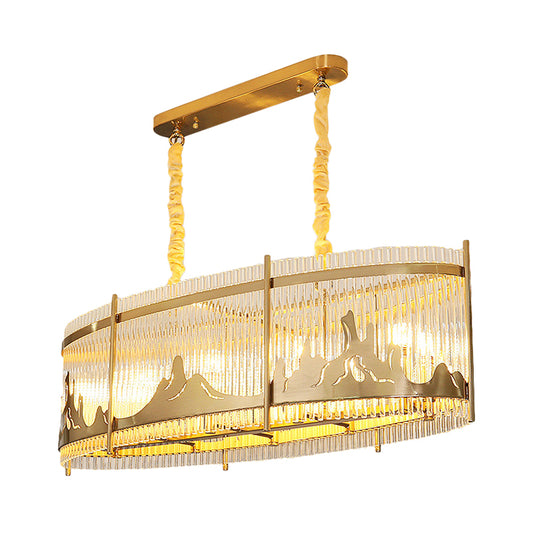 Oval Crystal Rod Island Lighting Modernism 8-Head Dining Room Pendant Lamp with Carved Mountain Pattern in Gold Clearhalo 'Ceiling Lights' 'Island Lights' Lighting' 810068