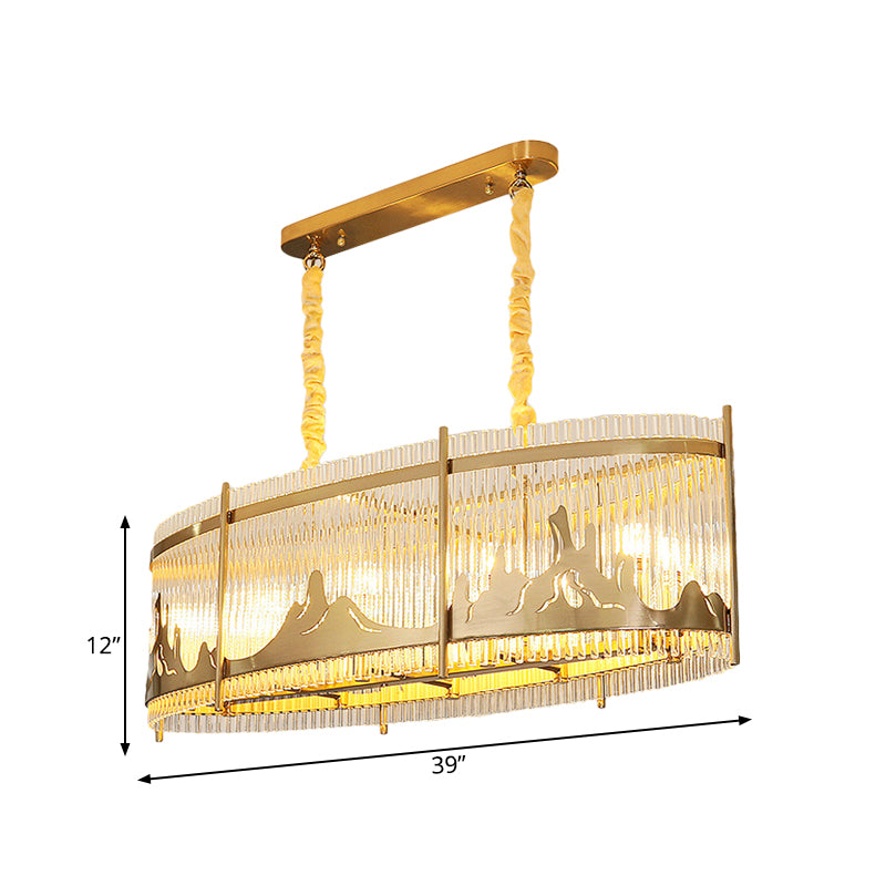 Oval Crystal Rod Island Lighting Modernism 8-Head Dining Room Pendant Lamp with Carved Mountain Pattern in Gold Clearhalo 'Ceiling Lights' 'Island Lights' Lighting' 810069