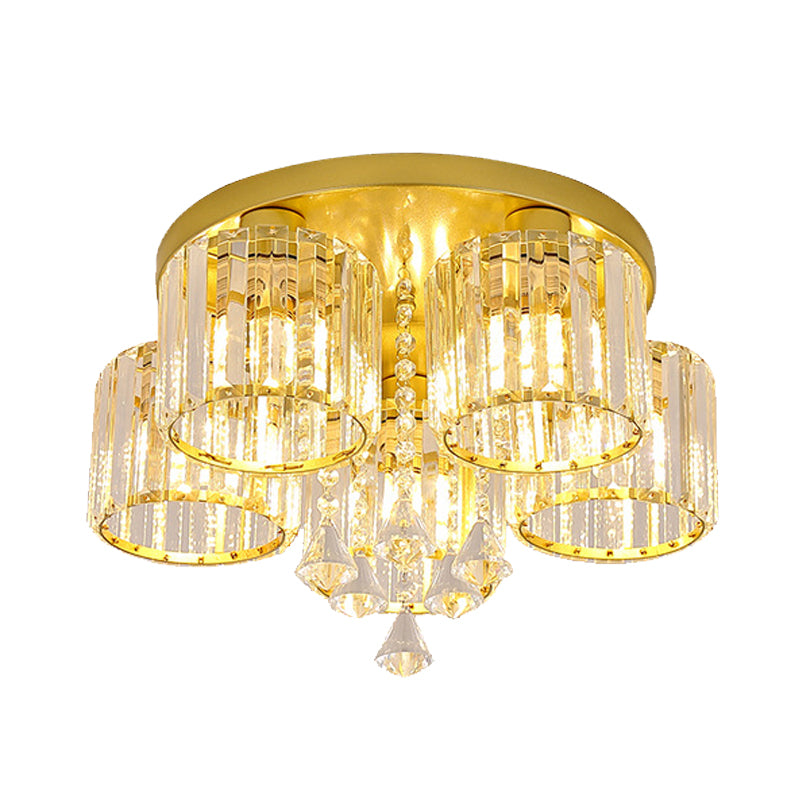 Crystal Prism Gold Finish Ceiling Light Cylindrical 3/5-Head Mid Century Semi Flush Mount Chandelier Clearhalo 'Ceiling Lights' 'Close To Ceiling Lights' 'Close to ceiling' 'Semi-flushmount' Lighting' 810081
