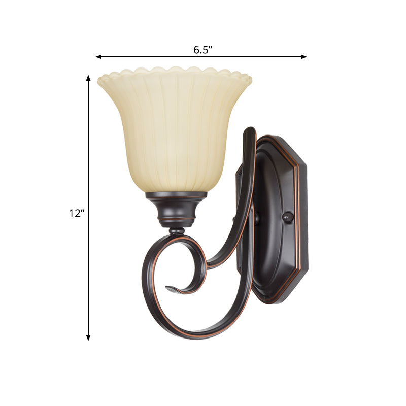 1 Head Wall Lighting Antiqued Corner Wall Mount Lamp with Flower White Glass Shade in Black Clearhalo 'Wall Lamps & Sconces' 'Wall Lights' Lighting' 810090