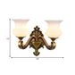 Vintage Curved Arm Wall Lighting Idea 1/2-Bulb Metallic Wall Mounted Lamp in Brass with Flower Milk Glass Shade Clearhalo 'Wall Lamps & Sconces' 'Wall Lights' Lighting' 810196