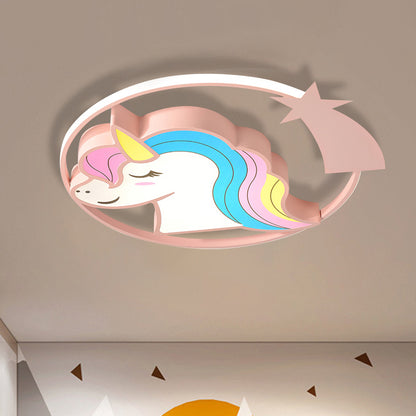 Cartoon Giraffe/Unicorn Flush Light Iron Children Bedroom LED Flush Mount Lighting Fixture in Pink/Yellow/Blue Pink Unicorn Clearhalo 'Ceiling Lights' 'Close To Ceiling Lights' 'Close to ceiling' 'Flush mount' Lighting' 810209