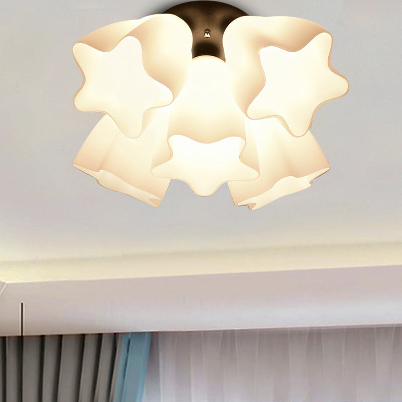 Star Semi Flush Mount Light Simple White Glass 3/5 Bulbs Bedroom Close to Ceiling Lighting Fixture Clearhalo 'Ceiling Lights' 'Close To Ceiling Lights' 'Close to ceiling' 'Glass shade' 'Glass' 'Pendant Lights' 'Semi-flushmount' Lighting' 810302