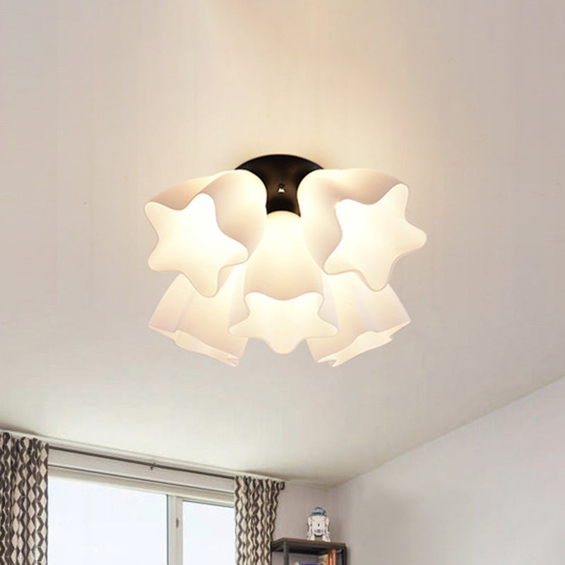 Star Semi Flush Mount Light Simple White Glass 3/5 Bulbs Bedroom Close to Ceiling Lighting Fixture Clearhalo 'Ceiling Lights' 'Close To Ceiling Lights' 'Close to ceiling' 'Glass shade' 'Glass' 'Pendant Lights' 'Semi-flushmount' Lighting' 810303