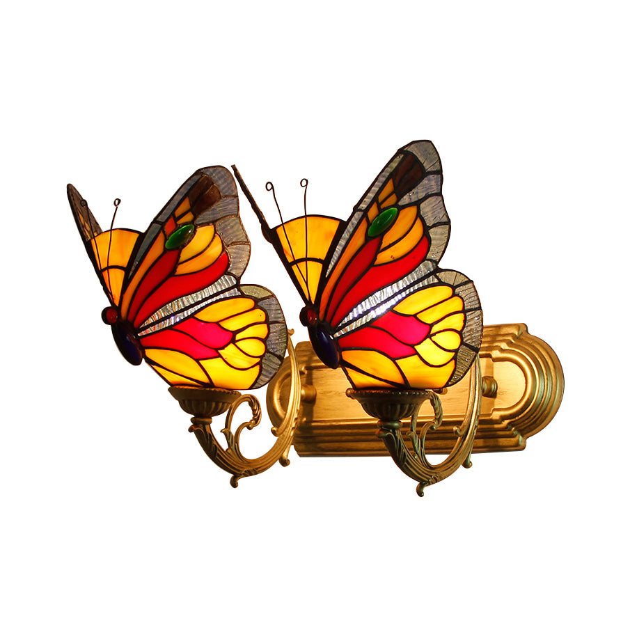2 Lights Butterfly Sconce Light Stained Glass Rustic Lodge Vanity Lighting in Brass Clearhalo 'Industrial' 'Middle century wall lights' 'Tiffany wall lights' 'Tiffany' 'Wall Lamps & Sconces' 'Wall Lights' Lighting' 8104