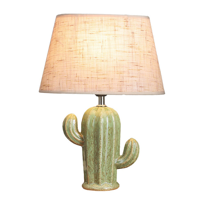 Porcelain Cactus Shape Table Light Contemporary 1 Head Green Nightstand Lamp with Fabric Shade for Bedside Clearhalo 'Lamps' 'Table Lamps' Lighting' 810501
