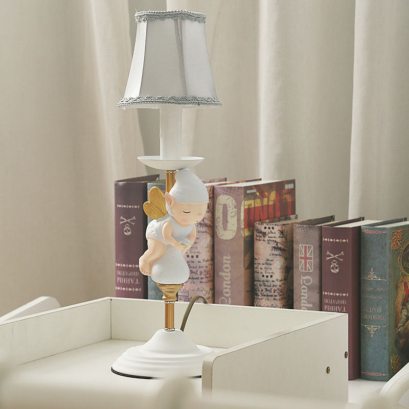 Elf Base Bedside Small Desk Light Resin 1 Head Kids Task Lighting with Empire Shade in White and Gold White-Gold Clearhalo 'Lamps' 'Table Lamps' Lighting' 810507