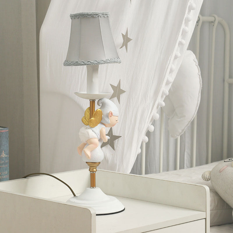 Elf Base Bedside Small Desk Light Resin 1 Head Kids Task Lighting with Empire Shade in White and Gold Clearhalo 'Lamps' 'Table Lamps' Lighting' 810508