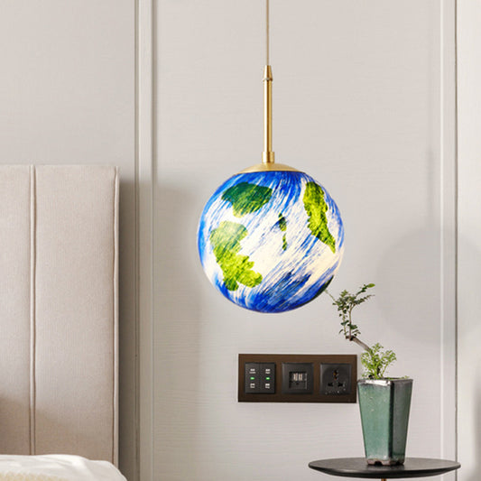6"/10" Wide 1 Light Bedside Suspension Light Cartoon Brass Pendulum Lamp with Globe Blue Glass Shade Clearhalo 'Ceiling Lights' 'Close To Ceiling Lights' 'Glass shade' 'Glass' 'Pendant Lights' 'Pendants' Lighting' 810544