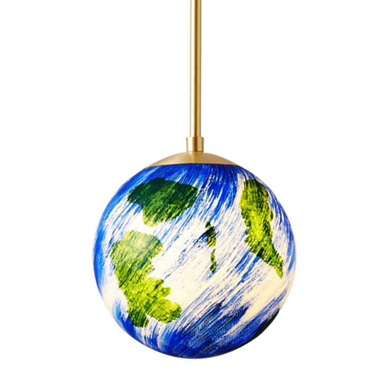 6"/10" Wide 1 Light Bedside Suspension Light Cartoon Brass Pendulum Lamp with Globe Blue Glass Shade Clearhalo 'Ceiling Lights' 'Close To Ceiling Lights' 'Glass shade' 'Glass' 'Pendant Lights' 'Pendants' Lighting' 810545