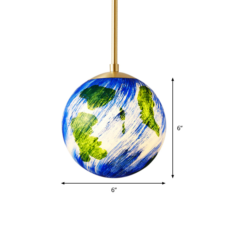 6"/10" Wide 1 Light Bedside Suspension Light Cartoon Brass Pendulum Lamp with Globe Blue Glass Shade Clearhalo 'Ceiling Lights' 'Close To Ceiling Lights' 'Glass shade' 'Glass' 'Pendant Lights' 'Pendants' Lighting' 810546