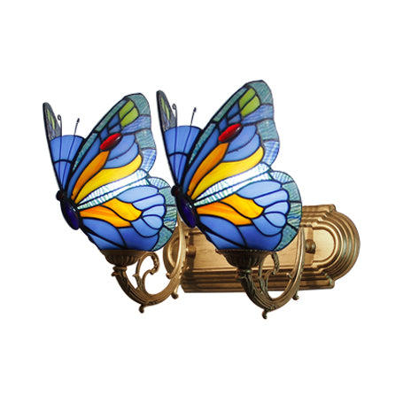 2 Lights Butterfly Sconce Light Stained Glass Rustic Lodge Vanity Lighting in Brass Clearhalo 'Industrial' 'Middle century wall lights' 'Tiffany wall lights' 'Tiffany' 'Wall Lamps & Sconces' 'Wall Lights' Lighting' 8107