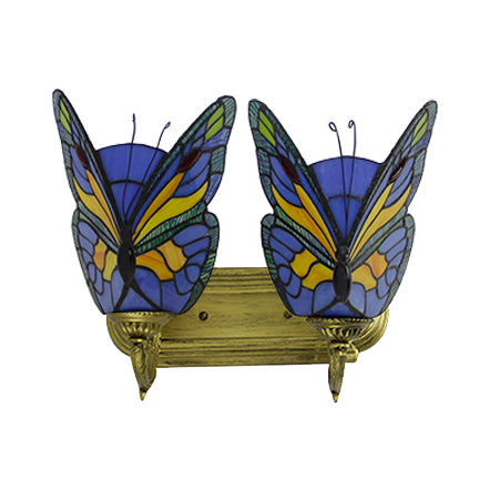 2 Lights Butterfly Sconce Light Stained Glass Rustic Lodge Vanity Lighting in Brass Clearhalo 'Industrial' 'Middle century wall lights' 'Tiffany wall lights' 'Tiffany' 'Wall Lamps & Sconces' 'Wall Lights' Lighting' 8108