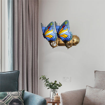 2 Lights Butterfly Sconce Light Stained Glass Rustic Lodge Vanity Lighting in Brass Blue Clearhalo 'Industrial' 'Middle century wall lights' 'Tiffany wall lights' 'Tiffany' 'Wall Lamps & Sconces' 'Wall Lights' Lighting' 8109