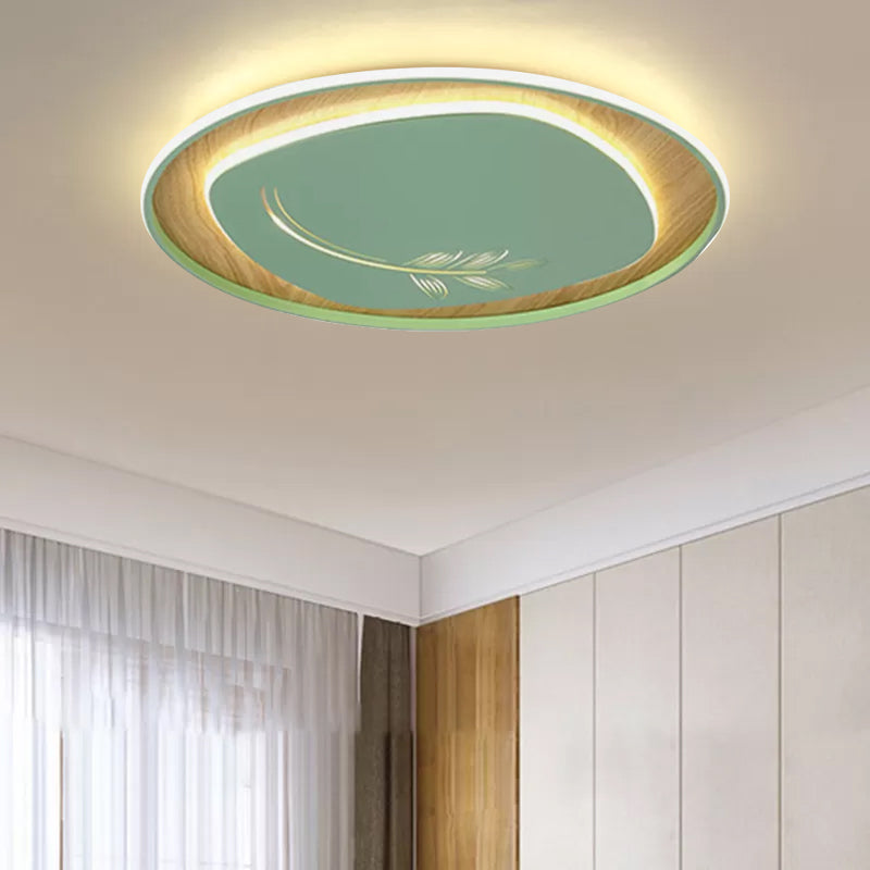 Metal Arc Square Flush Light Modern Black/Grey/Green LED Ceiling Flush with Round Wood Canopy, 16"/19.5" Wide Clearhalo 'Ceiling Lights' 'Close To Ceiling Lights' 'Close to ceiling' 'Flush mount' Lighting' 811049