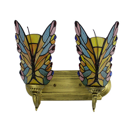 2 Lights Butterfly Sconce Light Stained Glass Rustic Lodge Vanity Lighting in Brass Clearhalo 'Industrial' 'Middle century wall lights' 'Tiffany wall lights' 'Tiffany' 'Wall Lamps & Sconces' 'Wall Lights' Lighting' 8111