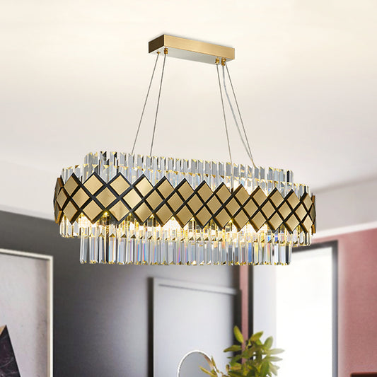 Crystal Block Oval Island Light Contemporary 16-Light Dining Room Pendant Lighting in Gold with Lattice Frame Gold Clearhalo 'Ceiling Lights' 'Island Lights' Lighting' 812087