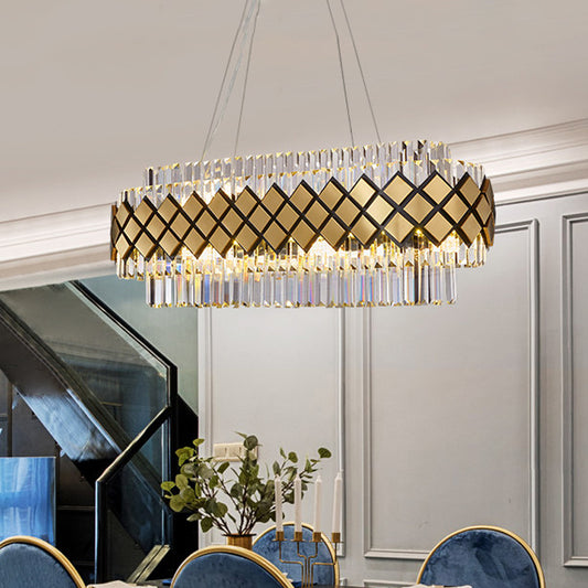 Crystal Block Oval Island Light Contemporary 16-Light Dining Room Pendant Lighting in Gold with Lattice Frame Clearhalo 'Ceiling Lights' 'Island Lights' Lighting' 812088