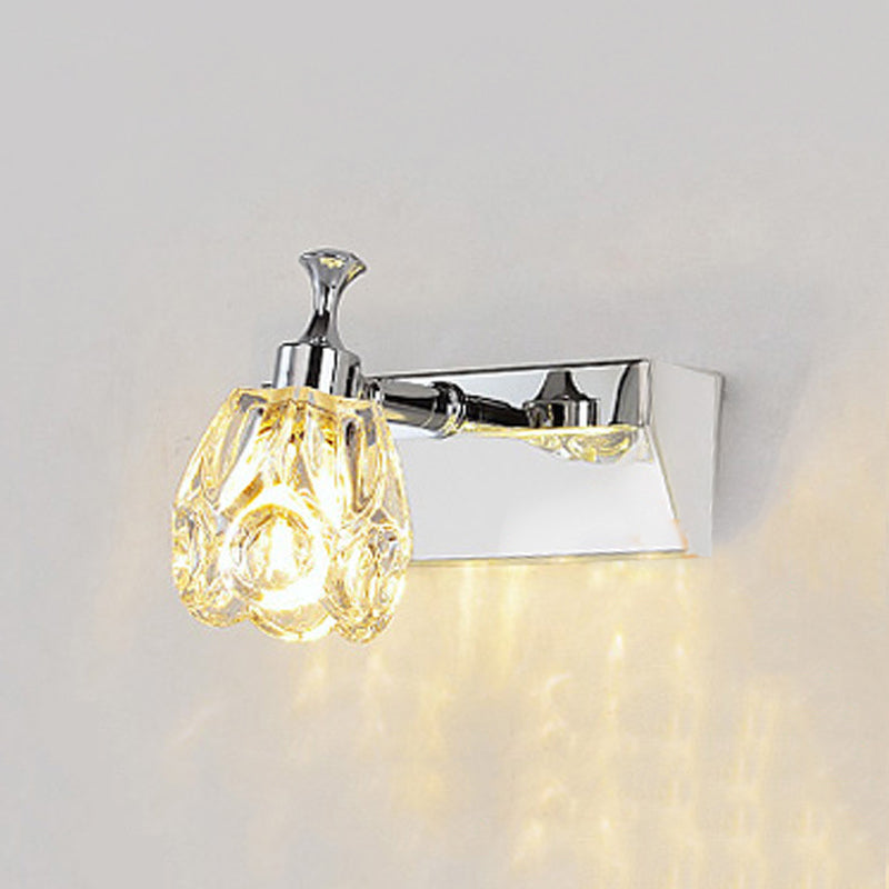 Chrome 1/2/3-Light Vanity Light Fixture Minimal Faceted Crystal Flower Wall Sconce in Warm/White Light Clearhalo 'Modern wall lights' 'Modern' 'Vanity Lights' 'Wall Lights' Lighting' 812093