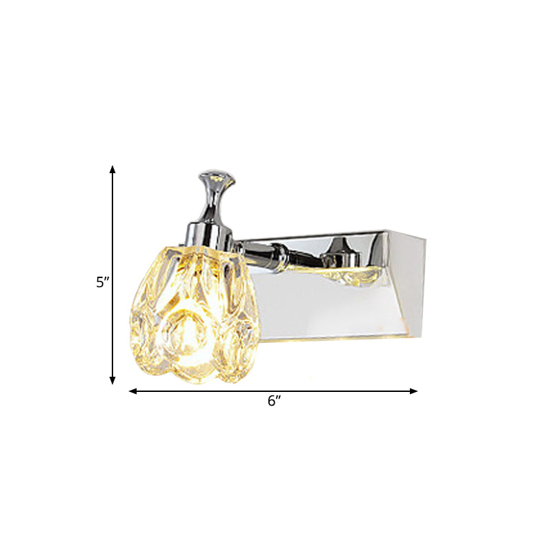 Chrome 1/2/3-Light Vanity Light Fixture Minimal Faceted Crystal Flower Wall Sconce in Warm/White Light Clearhalo 'Modern wall lights' 'Modern' 'Vanity Lights' 'Wall Lights' Lighting' 812094