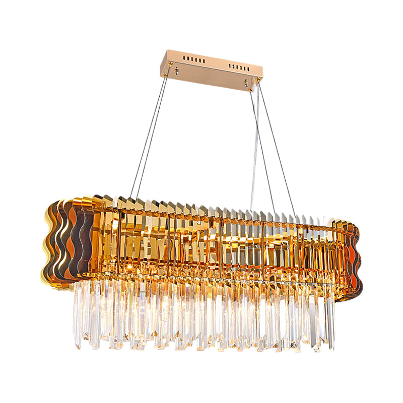 Gold 6 Bulbs Island Light Modern Crystal Prism Oblong Hanging Pendant with Wavy Edge Clearhalo 'Ceiling Lights' 'Island Lights' Lighting' 812111
