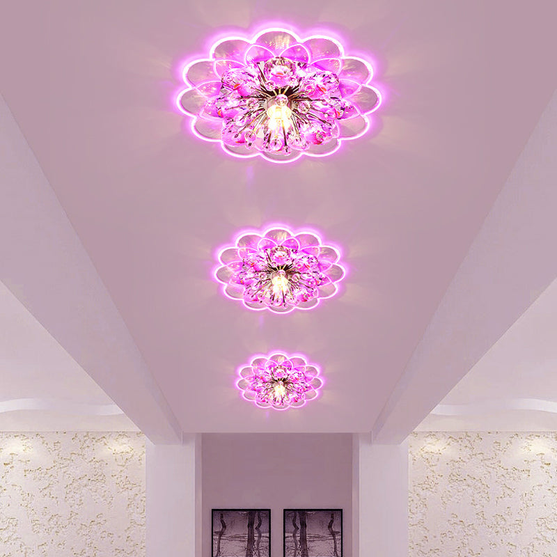 LED Ceiling Lighting Modernism Floral Beveled Crystal Flush Mount in Red for Porch, Pink/White/Warm Light Red Pink Clearhalo 'Ceiling Lights' 'Close To Ceiling Lights' 'Close to ceiling' 'Flush mount' Lighting' 812230