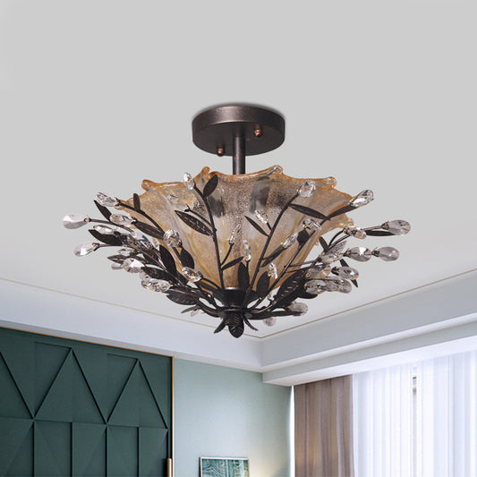 Black Flared Semi Flush Mount Modernism Amber Glass 2 Heads Living Room Ceiling Light Fixture with Branch Crystal Accent Clearhalo 'Ceiling Lights' 'Close To Ceiling Lights' 'Close to ceiling' 'Semi-flushmount' Lighting' 812306