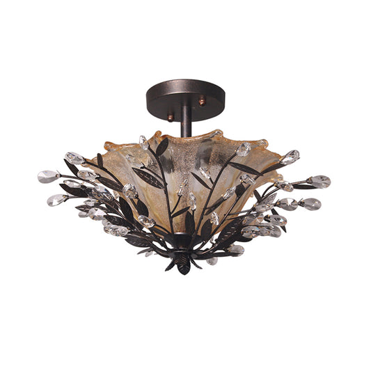 Black Flared Semi Flush Mount Modernism Amber Glass 2 Heads Living Room Ceiling Light Fixture with Branch Crystal Accent Clearhalo 'Ceiling Lights' 'Close To Ceiling Lights' 'Close to ceiling' 'Semi-flushmount' Lighting' 812307