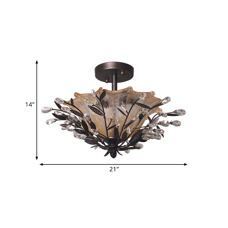 Black Flared Semi Flush Mount Modernism Amber Glass 2 Heads Living Room Ceiling Light Fixture with Branch Crystal Accent Clearhalo 'Ceiling Lights' 'Close To Ceiling Lights' 'Close to ceiling' 'Semi-flushmount' Lighting' 812308