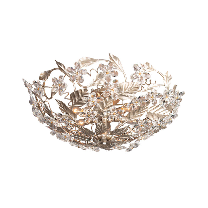 Leaf Corridor Semi Mount Lighting Modernist Flower Crystal 2 Lights Aged Silver Ceiling Mounted Fixture Clearhalo 'Ceiling Lights' 'Close To Ceiling Lights' 'Close to ceiling' 'Semi-flushmount' Lighting' 812311