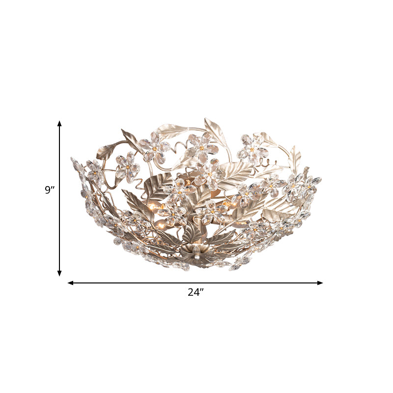 Leaf Corridor Semi Mount Lighting Modernist Flower Crystal 2 Lights Aged Silver Ceiling Mounted Fixture Clearhalo 'Ceiling Lights' 'Close To Ceiling Lights' 'Close to ceiling' 'Semi-flushmount' Lighting' 812312
