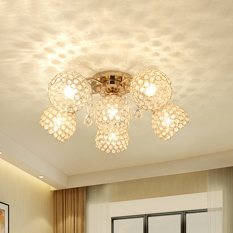 6/9 Heads Semi-Flush Mount Light Minimalist Ceiling Mounted Fixture with Sphere Crystal Embedded Shade in Gold 6 Gold Clearhalo 'Ceiling Lights' 'Close To Ceiling Lights' 'Close to ceiling' 'Semi-flushmount' Lighting' 812340