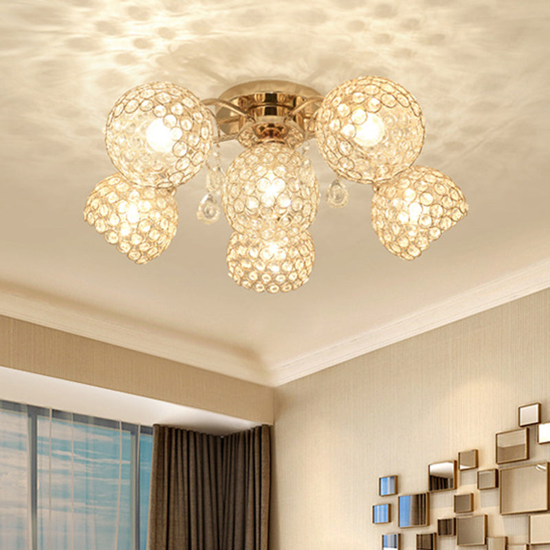 6/9 Heads Semi-Flush Mount Light Minimalist Ceiling Mounted Fixture with Sphere Crystal Embedded Shade in Gold Clearhalo 'Ceiling Lights' 'Close To Ceiling Lights' 'Close to ceiling' 'Semi-flushmount' Lighting' 812341