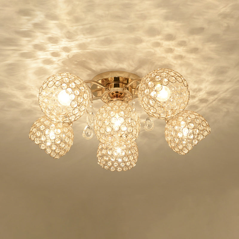 6/9 Heads Semi-Flush Mount Light Minimalist Ceiling Mounted Fixture with Sphere Crystal Embedded Shade in Gold Clearhalo 'Ceiling Lights' 'Close To Ceiling Lights' 'Close to ceiling' 'Semi-flushmount' Lighting' 812343
