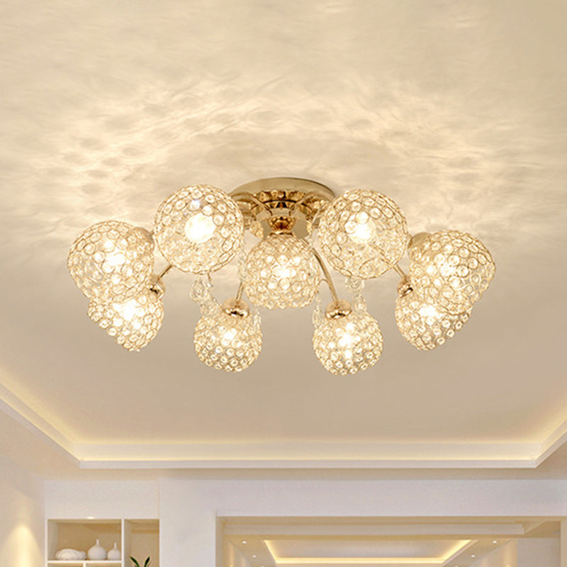 6/9 Heads Semi-Flush Mount Light Minimalist Ceiling Mounted Fixture with Sphere Crystal Embedded Shade in Gold 9 Gold Clearhalo 'Ceiling Lights' 'Close To Ceiling Lights' 'Close to ceiling' 'Semi-flushmount' Lighting' 812345