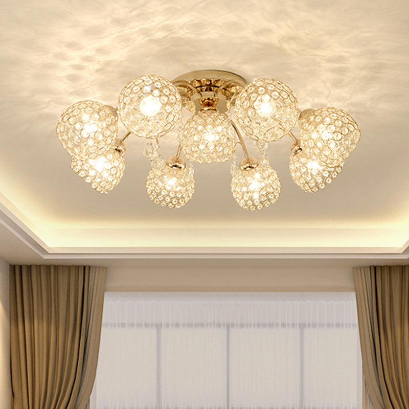 6/9 Heads Semi-Flush Mount Light Minimalist Ceiling Mounted Fixture with Sphere Crystal Embedded Shade in Gold Clearhalo 'Ceiling Lights' 'Close To Ceiling Lights' 'Close to ceiling' 'Semi-flushmount' Lighting' 812346