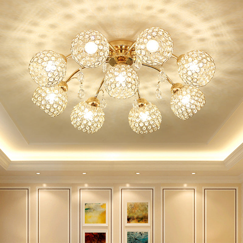 6/9 Heads Semi-Flush Mount Light Minimalist Ceiling Mounted Fixture with Sphere Crystal Embedded Shade in Gold Clearhalo 'Ceiling Lights' 'Close To Ceiling Lights' 'Close to ceiling' 'Semi-flushmount' Lighting' 812347