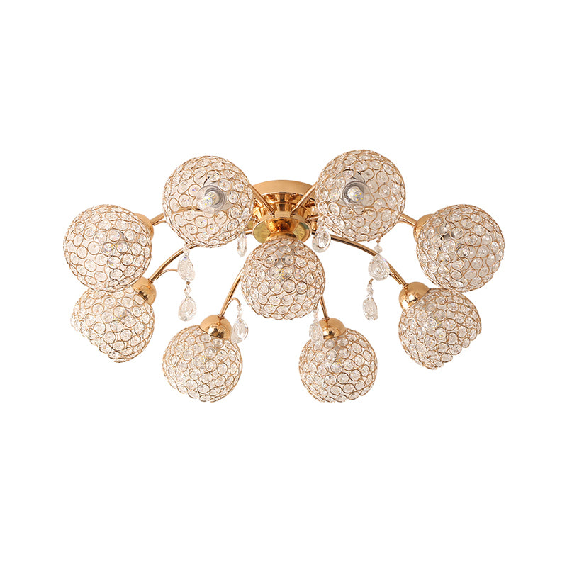6/9 Heads Semi-Flush Mount Light Minimalist Ceiling Mounted Fixture with Sphere Crystal Embedded Shade in Gold Clearhalo 'Ceiling Lights' 'Close To Ceiling Lights' 'Close to ceiling' 'Semi-flushmount' Lighting' 812348