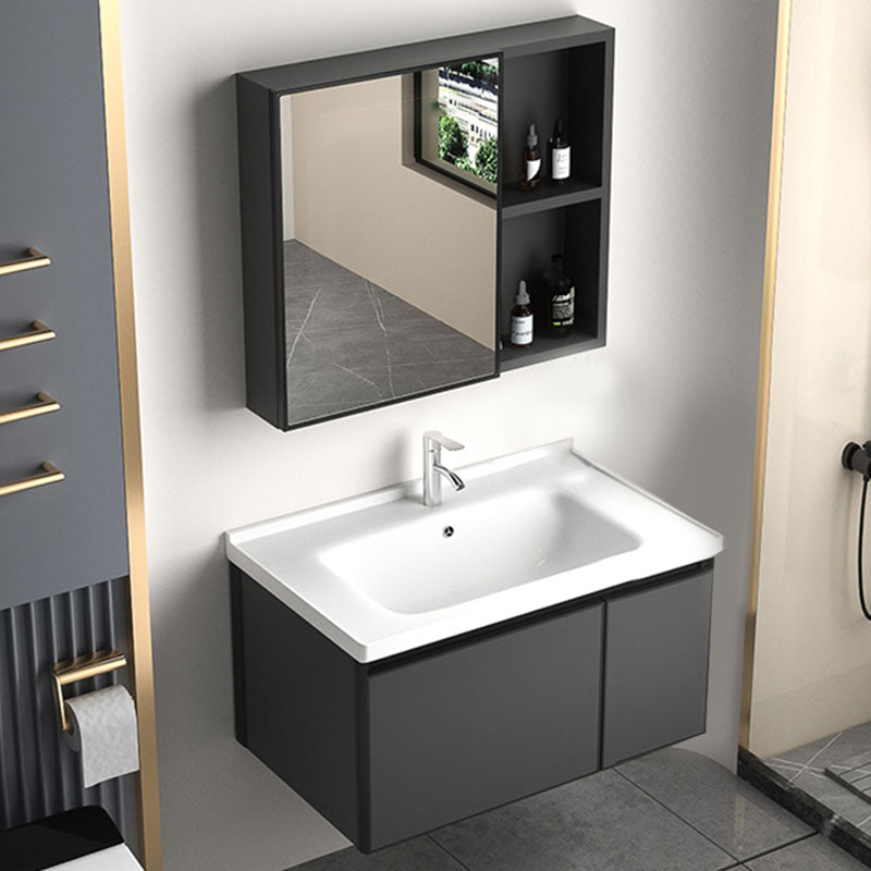 Aluminum Bathroom Vanity Set Doors Wall Mounted Doors Grey Single Sink with Mirror 28"L x 19"W x 18"H Smart Control Not Included Ceramic Clearhalo 'Bathroom Remodel & Bathroom Fixtures' 'Bathroom Vanities' 'bathroom_vanities' 'Home Improvement' 'home_improvement' 'home_improvement_bathroom_vanities' 8125962