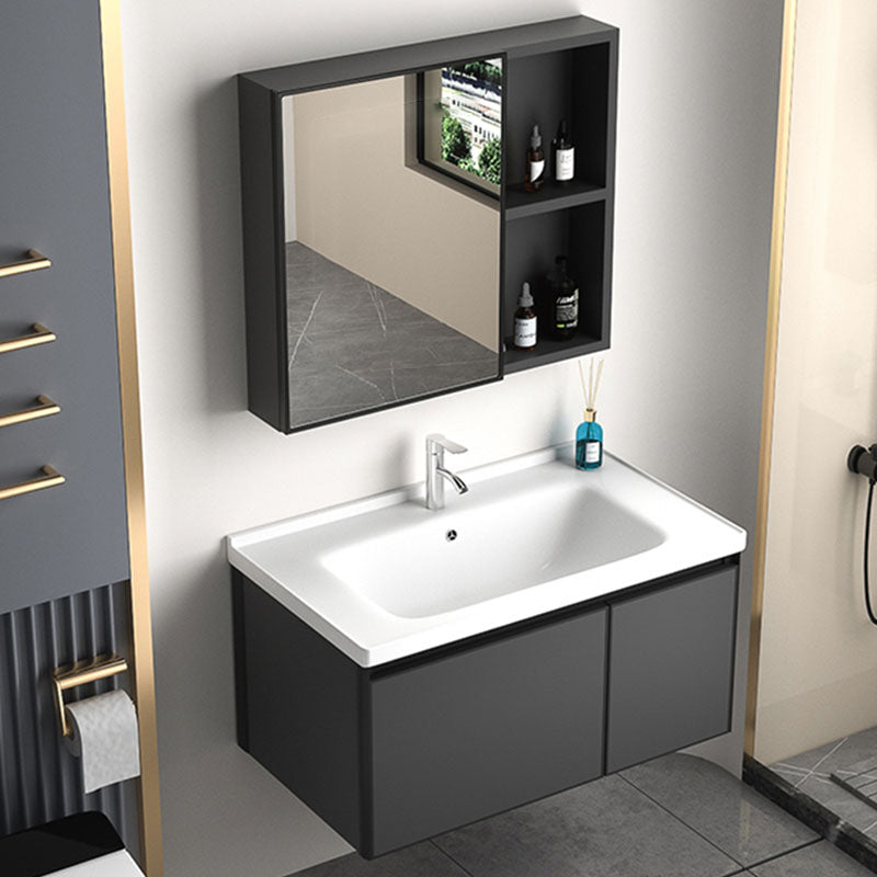 Aluminum Bathroom Vanity Set Doors Wall Mounted Doors Grey Single Sink with Mirror 32"L x 19"W x 18"H Smart Control Not Included Ceramic Clearhalo 'Bathroom Remodel & Bathroom Fixtures' 'Bathroom Vanities' 'bathroom_vanities' 'Home Improvement' 'home_improvement' 'home_improvement_bathroom_vanities' 8125964