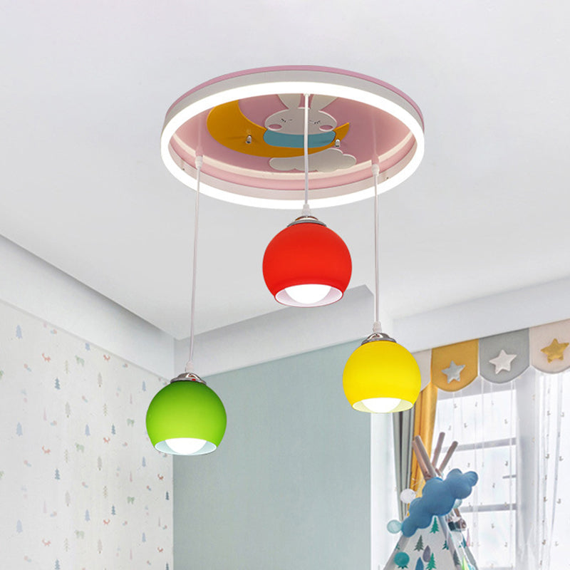 Rabbit Pattern Circle Semi Flush Light Cartoon Acrylic 3-Head Pink Ceiling Mount Lamp with Dangling Colorful Dome Shade Pink Clearhalo 'Ceiling Lights' 'Close To Ceiling Lights' 'Close to ceiling' 'Glass shade' 'Glass' 'Semi-flushmount' Lighting' 812797