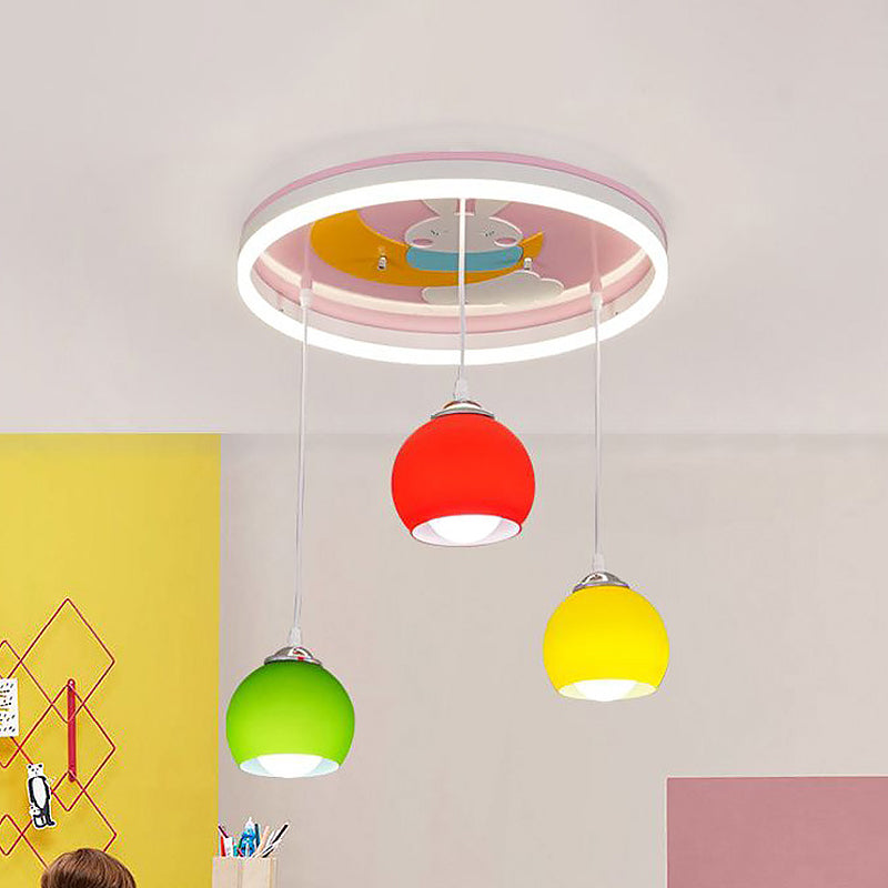 Rabbit Pattern Circle Semi Flush Light Cartoon Acrylic 3-Head Pink Ceiling Mount Lamp with Dangling Colorful Dome Shade Clearhalo 'Ceiling Lights' 'Close To Ceiling Lights' 'Close to ceiling' 'Glass shade' 'Glass' 'Semi-flushmount' Lighting' 812798