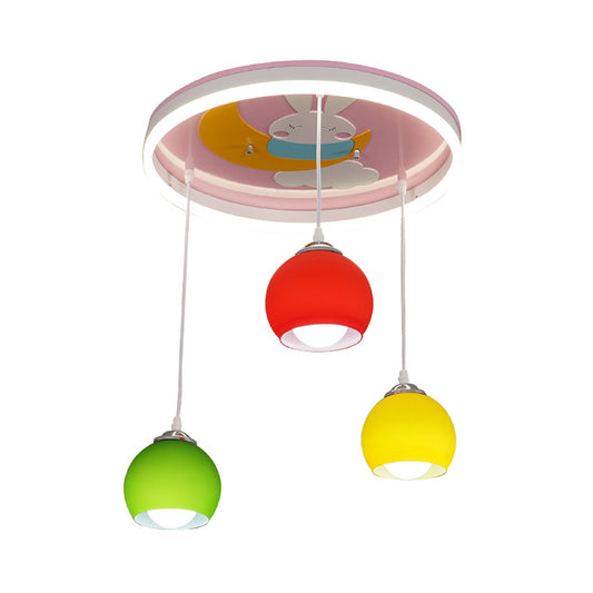 Rabbit Pattern Circle Semi Flush Light Cartoon Acrylic 3-Head Pink Ceiling Mount Lamp with Dangling Colorful Dome Shade Clearhalo 'Ceiling Lights' 'Close To Ceiling Lights' 'Close to ceiling' 'Glass shade' 'Glass' 'Semi-flushmount' Lighting' 812799