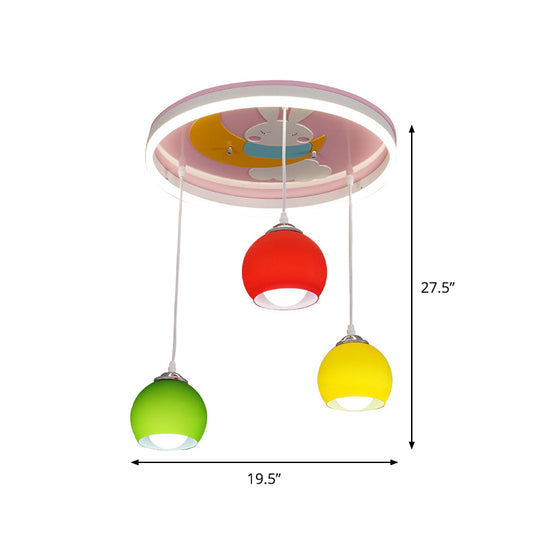 Rabbit Pattern Circle Semi Flush Light Cartoon Acrylic 3-Head Pink Ceiling Mount Lamp with Dangling Colorful Dome Shade Clearhalo 'Ceiling Lights' 'Close To Ceiling Lights' 'Close to ceiling' 'Glass shade' 'Glass' 'Semi-flushmount' Lighting' 812800