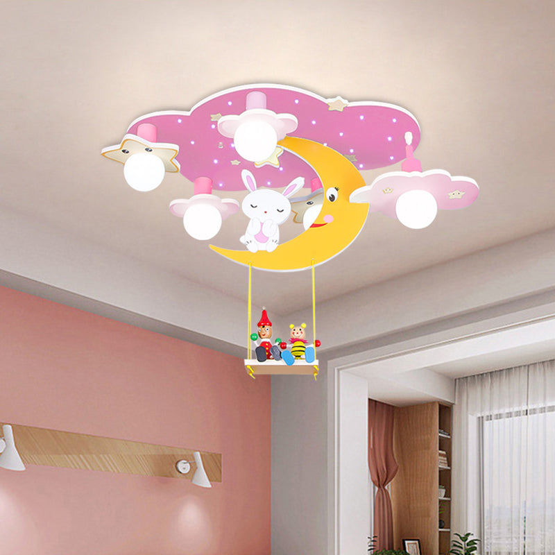 Wood Starry Sky Semi Flush Lamp Cartoon 5 Heads Pink/Blue and Yellow Flush Ceiling Light with Rabbit Deco Clearhalo 'Ceiling Lights' 'Close To Ceiling Lights' 'Close to ceiling' 'Semi-flushmount' Lighting' 813206