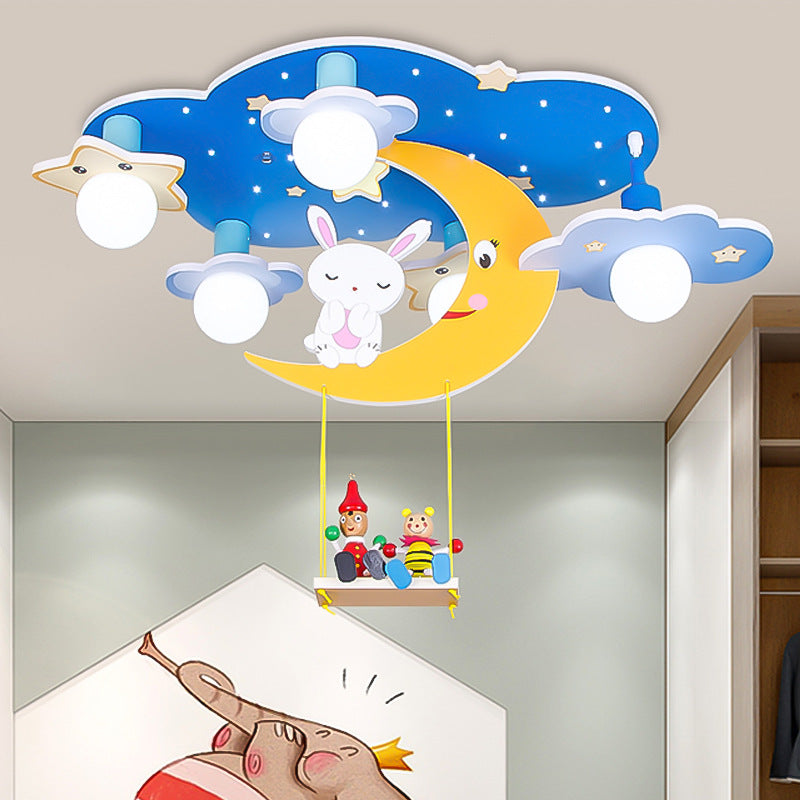 Wood Starry Sky Semi Flush Lamp Cartoon 5 Heads Pink/Blue and Yellow Flush Ceiling Light with Rabbit Deco Blue Clearhalo 'Ceiling Lights' 'Close To Ceiling Lights' 'Close to ceiling' 'Semi-flushmount' Lighting' 813209