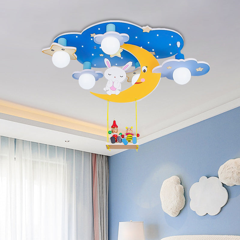 Wood Starry Sky Semi Flush Lamp Cartoon 5 Heads Pink/Blue and Yellow Flush Ceiling Light with Rabbit Deco Clearhalo 'Ceiling Lights' 'Close To Ceiling Lights' 'Close to ceiling' 'Semi-flushmount' Lighting' 813210