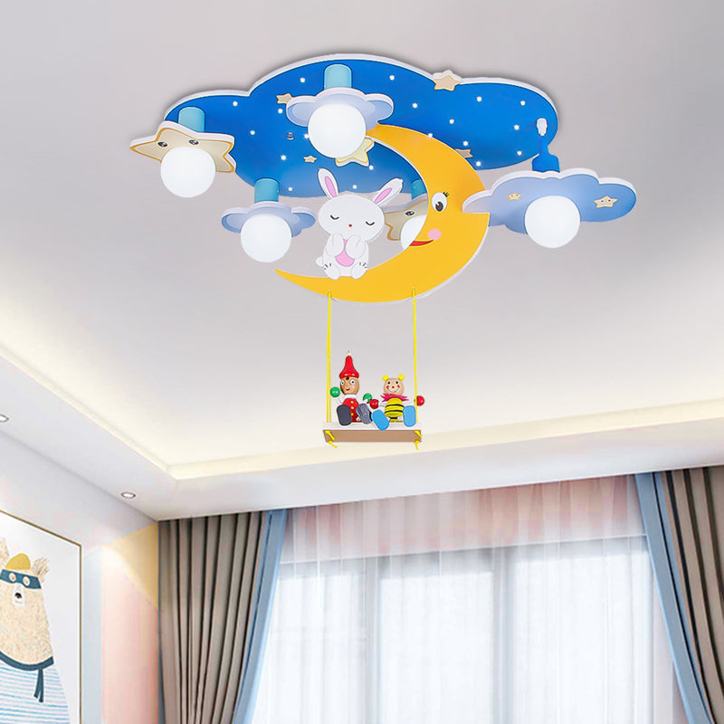 Wood Starry Sky Semi Flush Lamp Cartoon 5 Heads Pink/Blue and Yellow Flush Ceiling Light with Rabbit Deco Clearhalo 'Ceiling Lights' 'Close To Ceiling Lights' 'Close to ceiling' 'Semi-flushmount' Lighting' 813211